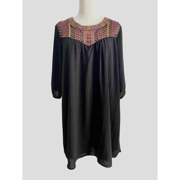 Skies Are Blue Boho Dress Womens Size Small Black Aztec Embroidered Flowy Mini - Picture 1 of 11